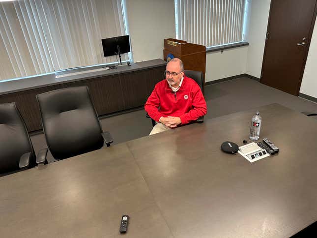 United Auto Workers President Shawn Fain speaks to a reporter from The Associated Press during an interview at the union&#39;s headquarters Monday, Nov. 20, 2023, in Detroit. (AP Photo/Mike Householder)