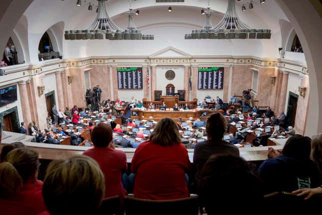 FILE - Visitors fill the gallery of the House chamber, Friday, April 13, 2018, in Frankfort, Ky. Kentucky&#39;s Republican-dominated legislature wrapped up work Friday, March 22, 2024, on a bill meant to lay the foundation to attract nuclear energy projects to a state where coal has reigned as king for generations, fueling the economy. (AP Photo/Bryan Woolston, File)