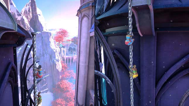 An image of Mio and Zoe climbing poles outside of a winter castle.