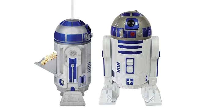 R2-D2, with a straw in the top of his head and popcorn in a sliding panel in his torso.