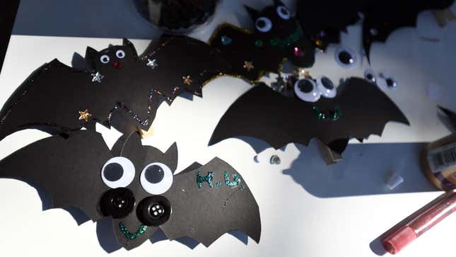 A photo of a flock of toy bats made in an arts and crafts class. 