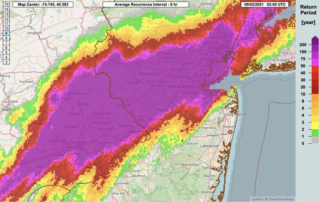 A map showing the six-hour rainfall totals the Northeast saw were a 1-in-200-year event.