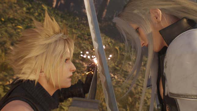 Cloud and Sephiroth fight with their swords.