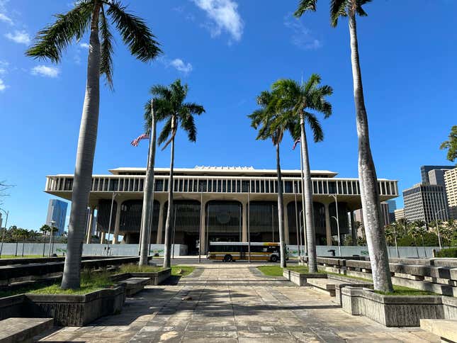 This photo taken on Friday, Jan. 12, 2024 shows the Hawaii State Capitol in Honolulu. Fighting and preventing wildfires and helping the island of Maui recover from August&#39;s flames are at the top of the agenda as Hawaii lawmakers prepare to open a new session of the Legislature on Jan. 17, 2024. (AP Photo/Audrey McAvoy)