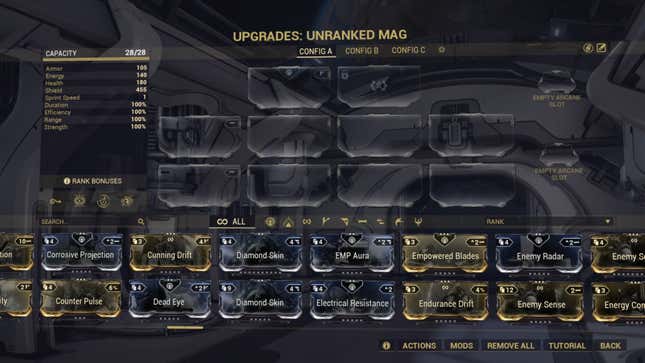 A screen has the text UPGRADES: UNRANKED MAG near the top and shows an assortment of potential upgrades with names like Dead Eye, EMP Aura, and Enemy Radar.