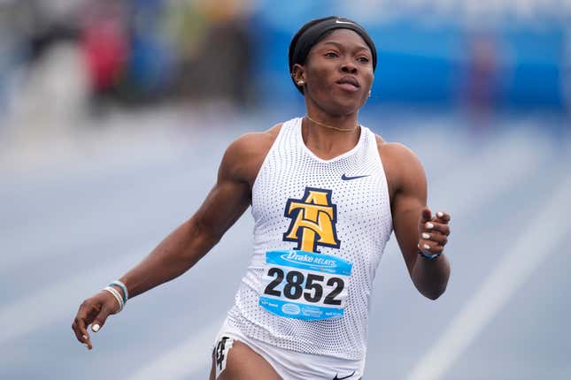 North Carolina A&amp;T’s Grace Nwokocha wins the women’s 100-meter dash at the Drake Relays athletics meet, Saturday, April 30, 2022, in Des Moines, Iowa. The school she competes for stands to los $2 million in funding due to an arcane rule about out-of-state enrollment.