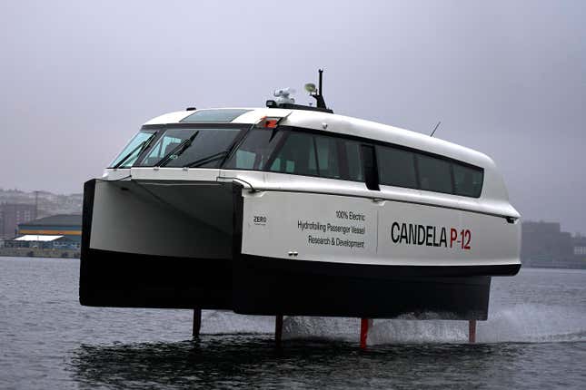 Candela’s new P-12 electric hydrofoil passenger vessel slices through the water in Stockholm’s archipelago, Sweden, Friday, Nov. 10, 2023. Many cities around the world see clean and efficient public transport as a crucial way to lower their carbon emissions. For cities with waterways, a high-tech boat in Sweden could soon set a new standard. Speeding through Stockholm’s archipelago at 25 knots (46 kph or 29 mph), electric boat maker Candela’s new P-12 vessel barely makes a sound as it glides over a meter (3 feet) above the water. Its developers hope the ship, which was unveiled this week, will yield a new era of waterborne public transport. (AP Photo/David Keyton)