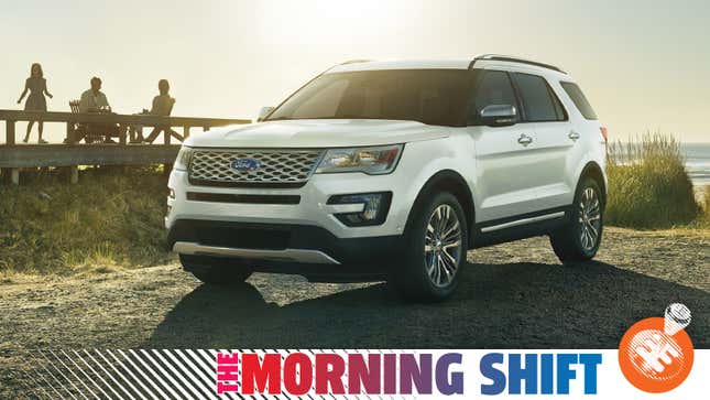 Promotional image of a white 2017 Ford Explorer on a beach, viewed from the front.