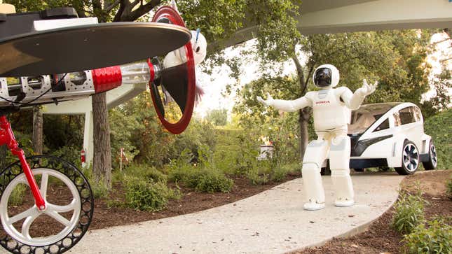 A photo of the Asimo robot running towards a plane. 