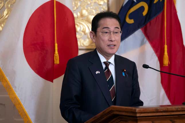 Japan Prime Minister Fumio Kishida addresses a luncheon in his honor at the North Carolina Executive Mansion, Friday, April 12, 2024, in Raleigh, N.C. (Robert Willett/The News &amp; Observer via AP, Pool)