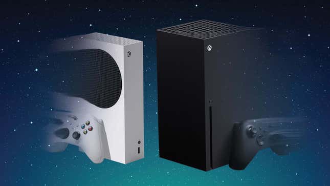 The Xbox Series S (left) and Siers X (right) slowly fade into nothingness against a starry night sky.