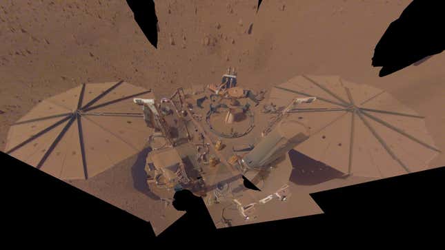 A panoramic selfie of the dust-covered InSight lander.