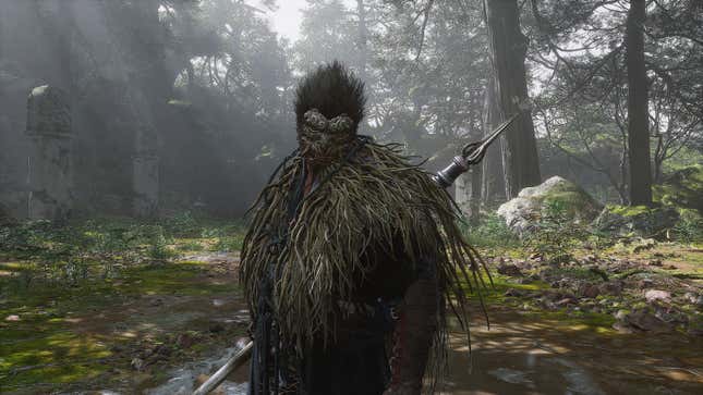 The player character in Wukong looking fearsome and formidable in a forest clearing.