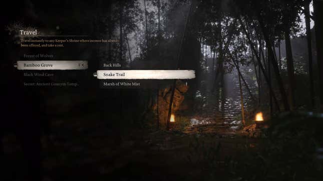 A menu screen shows the Snake Trail shrine highlighted as a fast-travel point.