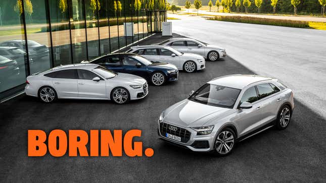 A photo of Audi's current car range with the caption "Boring". 