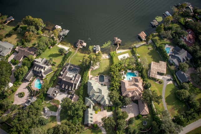 Aerial view of houses by Lake Orlando, Florida.