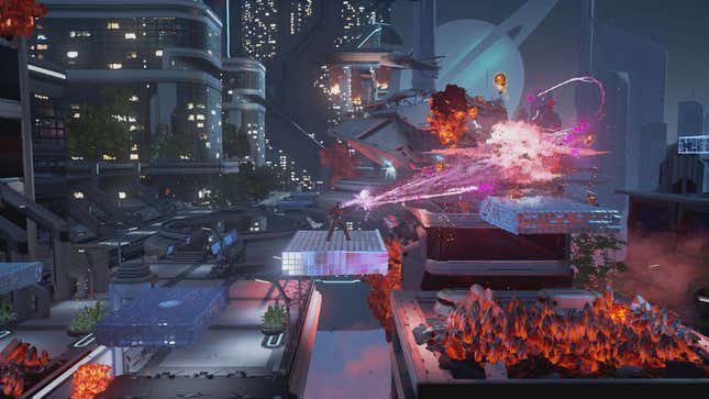 A solder shoot a monster in a modern city in Matterfall.