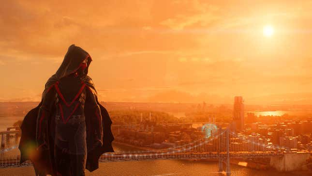 Miles Morales stands in front of the NYC skyline during sunset. 