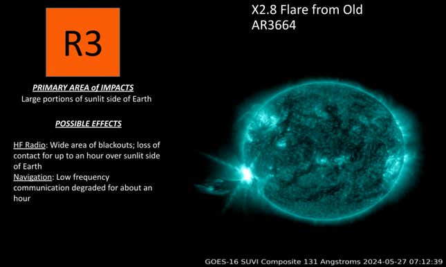 An X2.8 flare seen erupting from the Sun on May 27, 2024.