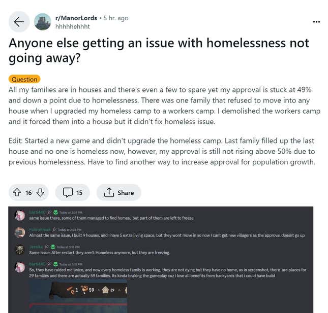 Screenshot shows players talking about homelessness on Discord and Reddit