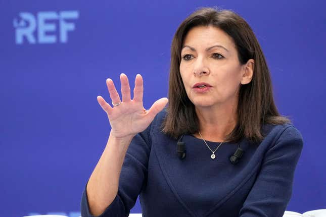 FILE - Paris Mayor Anne Hidalgo delivers her speech during a political meeting with the French Employers&#39; association (MEDEF) at the Station F startup campus, in Paris, France, Monday, Feb. 21, 2022. The mayor of future Olympic host city Paris says she is quitting X, accusing Elon Musk&#39;s platform previously known as Twitter of spreading disinformation and hatred and of becoming a “gigantic global sewer” that is toxic for democracy and constructive debate. (AP Photo/Michel Euler, File)