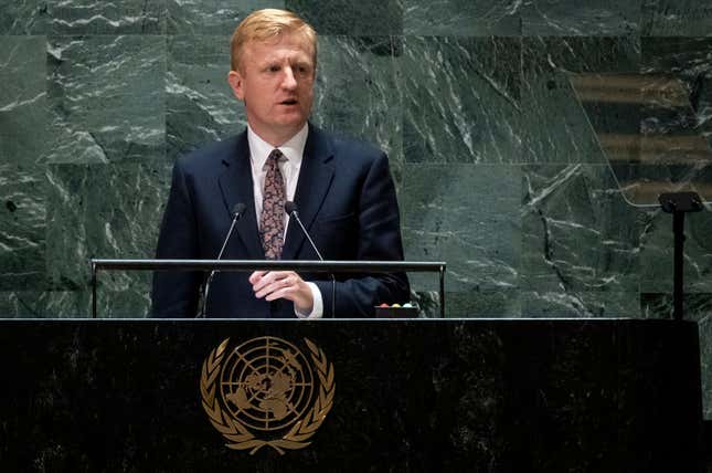 Deputy Prime Minister of United Kingdom Oliver Dowden addresses the 78th session of the United Nations General Assembly, Friday, Sept. 22, 2023, at United Nations headquarters. (AP Photo/Craig Ruttle)