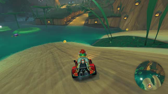 Bowser Jr. races forward on a track in Acorn Heights.