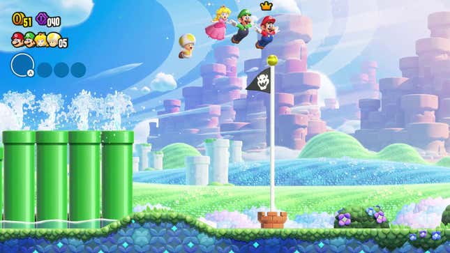 Mario, Luigi, Peach, and Yellow Toad fly toward the flagpole at the end of a level. 