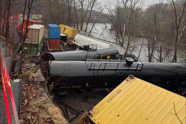 Scattered cars after the Norfolk Southern derailment in Eastern Pennsylvania