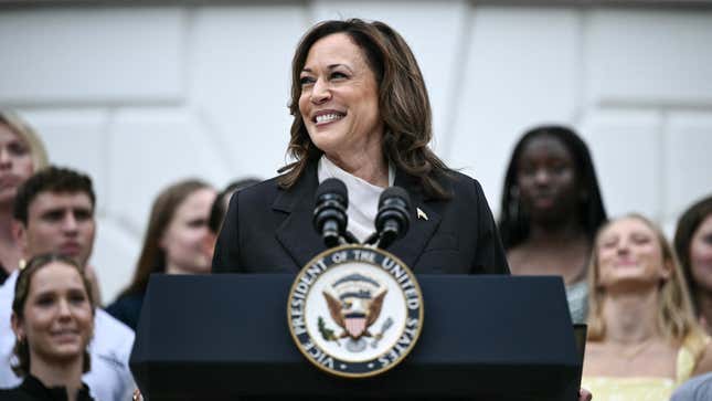 US Vice President Kamala Harris speaks during an event honoring National Collegiate Athletic Association (NCAA) championship teams from the 2023-2024 season, on the South Lawn of the White House in Washington, DC on July 22, 2024.