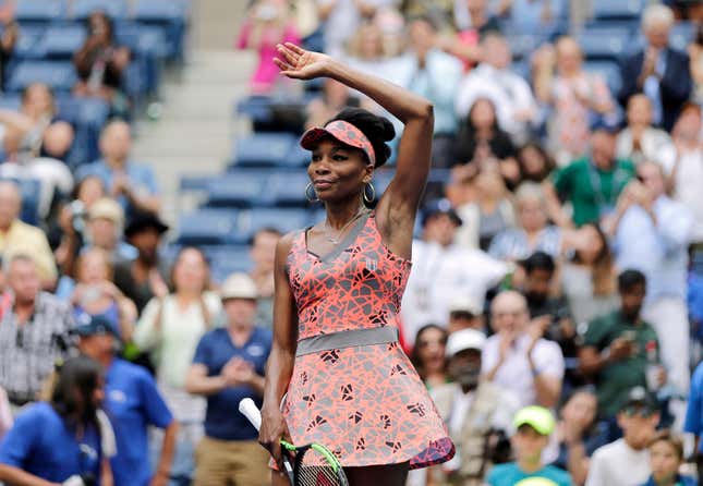 Venus Williams, of the United States, waves to spectators after beating Viktoria Kuzmova, of Slovakia, during the first round of the U.S. Open tennis tournament, Monday, Aug. 28, 2017, in New York. (AP Photo/Seth Wenig)