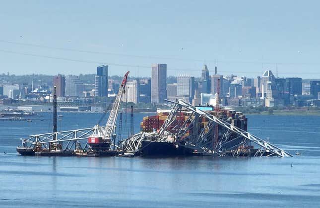 Salvage crews continue to remove wreckage from the Dali one month after the cargo ship collided with and caused the collapse of the Francis Scott Key Bridge in Baltimore, Maryland, on March 26.