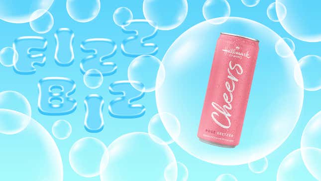 Fizz Biz graphic with pink can of Hallmark Cheers Rose Seltzer