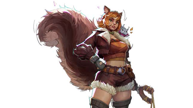 Squirrel Girl holds a slingshot and a grey squirrel is perched on her shoulder.