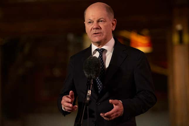 German Chancellor Olaf Scholz speaks during a press conference in Beijing, China, Tuesday, April 16, 2024. German Chancellor Olaf Scholz is on a 3 day visit to China. (Andres Martinez Casares, Pool Photo via AP)