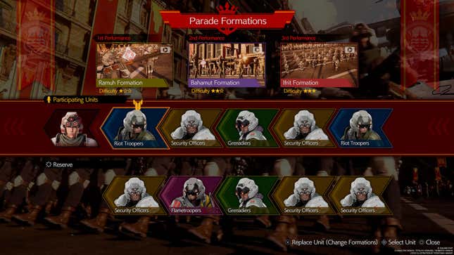 A screenshot shows the various formations (and difficulty levels) you can choose for the parade.