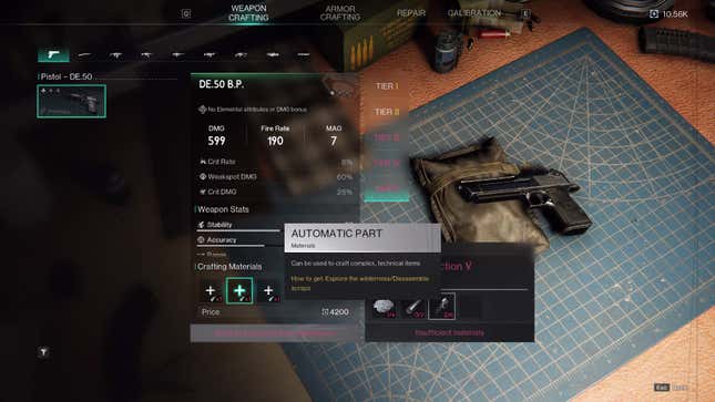 A screenshot shows a weapon crafting menu.