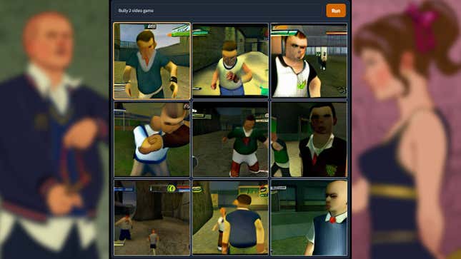 A series of images depicts surrealist AI-generated screenshots of a hypothetical sequel to 2006's Bully.