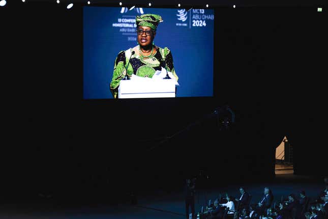 World Trade Organization Director-General Ngozi Okonjo-Iweala speaks at a WTO summit in Abu Dhabi, United Arab Emirates, Monday, Feb. 26, 2024. The World Trade Organization opened its biennial meeting Monday in the United Arab Emirates as the bloc faces pressure from the United States and other nations ahead of a year of consequential elections around the globe. (AP Photo/Jon Gambrell)