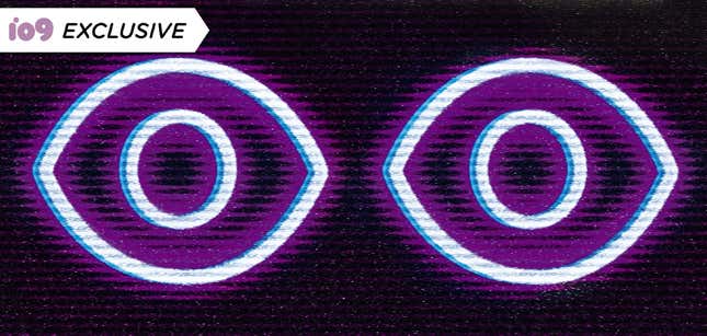 A glowing, neon-purple rendering of two wide-open eyes against a black background.