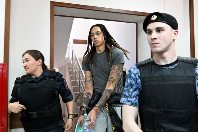 WNBA basketball superstar Brittney Griner arrives to a hearing at the Khimki Court, outside Moscow on June 27, 2022. - Griner, a two-time Olympic gold medallist and WNBA champion, was detained at Moscow airport in February on charges of carrying in her luggage vape cartridges with cannabis oil, which could carry a 10-year prison sentence. (Photo by Kirill KUDRYAVTSEV / AFP) (Photo by KIRILL KUDRYAVTSEV/AFP via Getty Images)