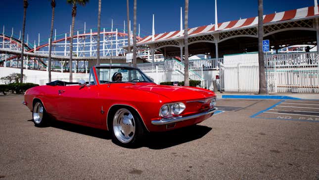 Classic 1965 Chevrolet Corvair convertible at Belmont Park