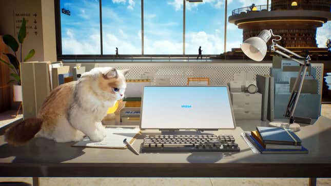 A cat sitting beside a computer in inZOI.