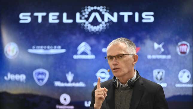 Carlos Tavares, CEO Of Stellantis speaks with journalist during the Press Conference After Meeting Workers on March 31, 2022 in Turin, Italy.