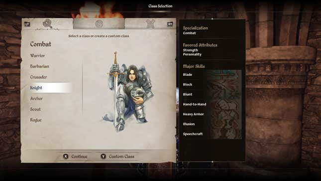 The character selection screen for a Knight in Oblivion Remastered.