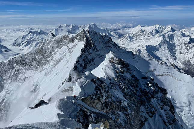 In this picture taken on May 31, 2021 shows the Himalayan range as seen from the summit of Mount Everest (8,848.86-metre), in Nepal.