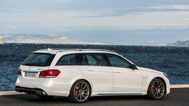 A photo of a white Mercedes-Benz E 63 AMG wagon. 