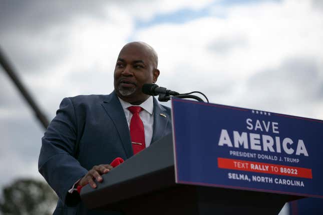 SELMA, NC - APRIL 09: Lt. Gov. Mark Robinson speaks before a rally for former U.S. President Donald Trump at The Farm at 95 on April 9, 2022 in Selma, North Carolina. The rally comes about five weeks before North Carolinas primary elections where Trump has thrown his support behind candidates in some key Republican races.