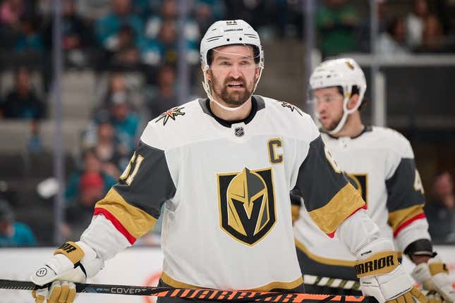 Oct 12, 2023; San Jose, California, USA; Vegas Golden Knights right wing Mark Stone (61) waits for a faceoff against the San Jose Sharks during the second period at SAP Center at San Jose.