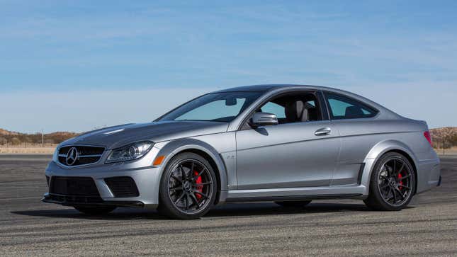 A photo of a silver Mercedes AMG Black Series coupe. 